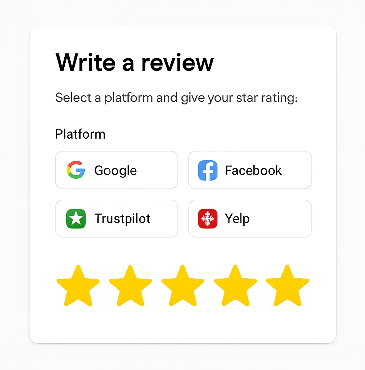 Review selection interface showing platforms and star rating